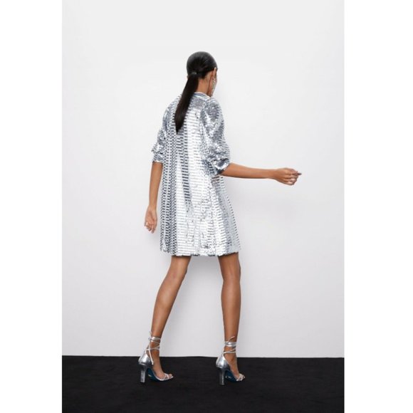 Zara Dresses Zara Sequin Metallic Silver Dress Buff Sleeves Poshmark